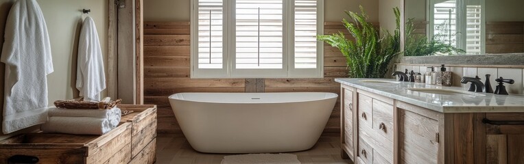 Poster - A serene bathroom featuring a freestanding tub and natural wood accents.