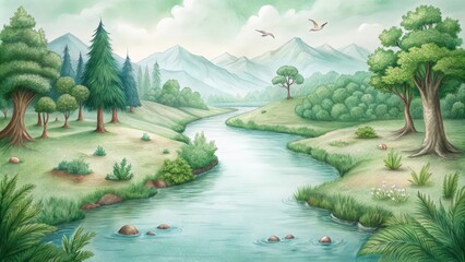 Wall Mural - A Serene River Winding Through a Lush Forest and Mountainous Landscape