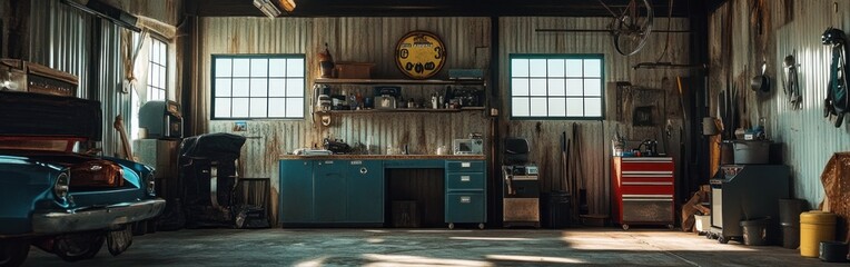 Poster - A rustic garage workshop with tools and equipment for automotive repair and maintenance.