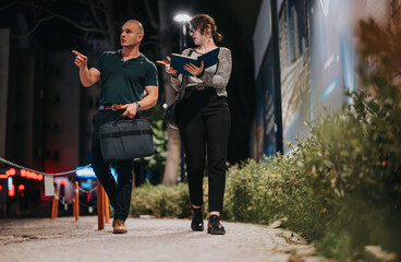 Two business colleagues walking and discussing work at night. They are carrying a briefcase and a tablet, highlighting professional outdoor night-time activities.