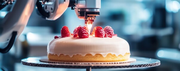 Wall Mural - 3D printer decorating a cake in a futuristic bakery, food printing, cutting-edge bakery technology. Futuristic food technology