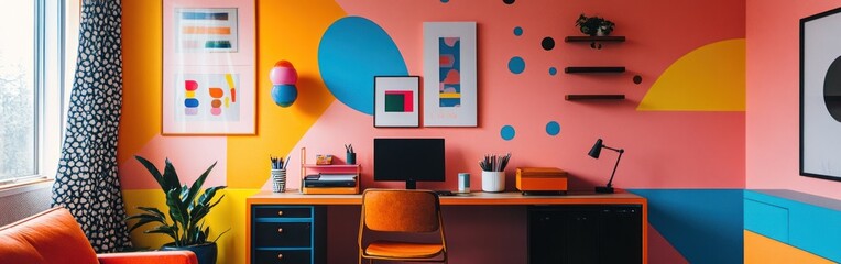 A vibrant home office featuring colorful walls, a desk setup, and decorative elements.