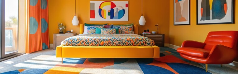 Canvas Print - A vibrant bedroom featuring bold colors, geometric patterns, and modern furnishings.