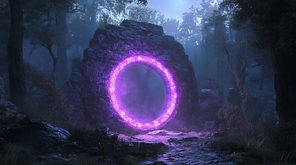 Wall Mural - A glowing purple ring in the shape of a portal in a dark and mysterious forest.