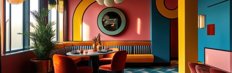 Canvas Print - A vibrant restaurant interior featuring colorful decor and modern furnishings.