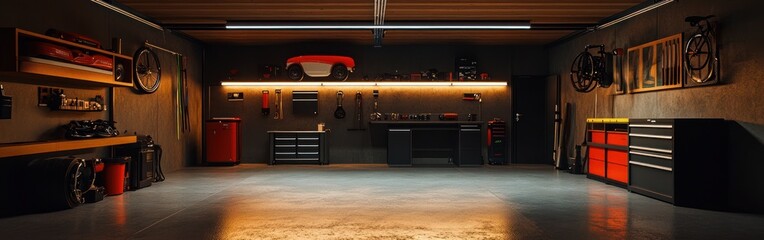 Poster - A well-organized garage with tools and bikes, ideal for DIY projects and maintenance.