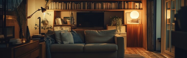 Sticker - Cozy living room with warm lighting, bookshelves, and a comfortable sofa.