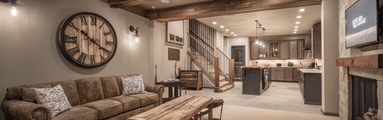 Canvas Print - Cozy living room featuring a rustic design with a large clock and open kitchen.