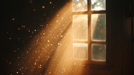 Poster - Sunlight pours through a window, creating beautiful beams and highlighting floating dust particles in a warm and inviting room, evoking a tranquil and serene atmosphere.