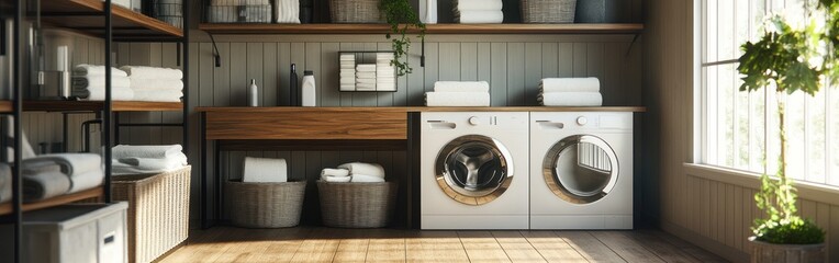 Wall Mural - Modern laundry room with shelves, storage, and plants, designed for functionality and comfort.