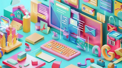 Poster - Colorful 3D illustration of a computer setup with various icons and symbols representing digital technology and online communication.