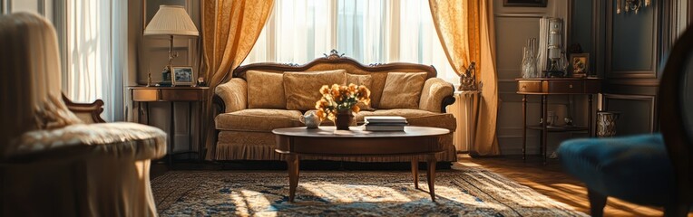 Wall Mural - Cozy living room with elegant decor and natural light streaming through sheer curtains.