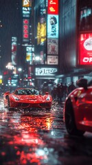 Tense Urban Collision of Two Red Sports Cars Amidst Neon Lights and Rain on a Bustling City Street. Generative AI