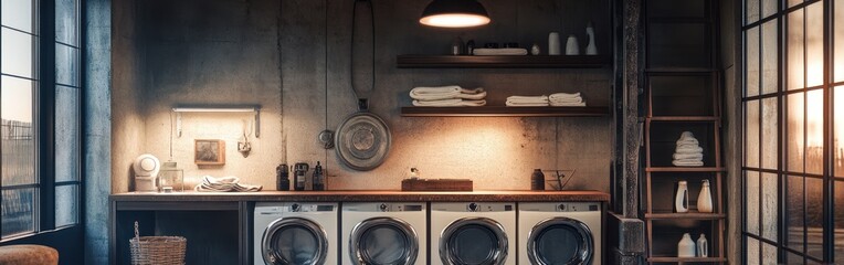 Poster - A modern laundry room featuring washing machines, shelves, and organized supplies.