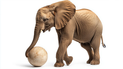 Baby elephant balancing on ball against white background - charming wildlife photography