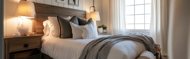 Wall Mural - Cozy bedroom featuring a bed with pillows, soft lighting, and natural decor.