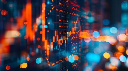 Poster - abstract representing financial market data visualized with blurred city lights in the background.