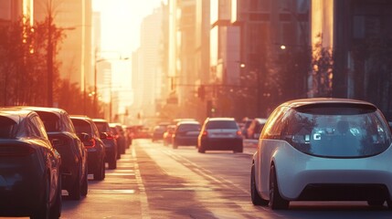 Poster - As the sun sets, self-driving cars line the streets, creating a vibrant urban scene filled with warm light that highlights the busy evening commute.