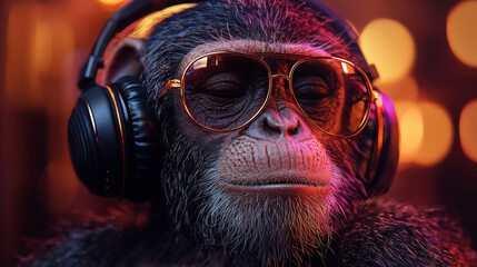 Wall Mural - A chimpanzee wearing headphones and sunglasses relaxes with a  chill vibe.