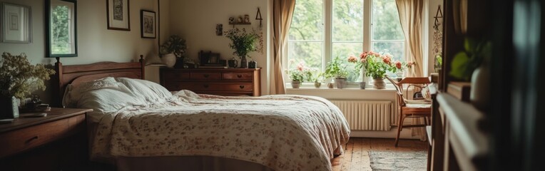 Wall Mural - A cozy bedroom featuring a bed, wooden furniture, and potted plants by a large window.