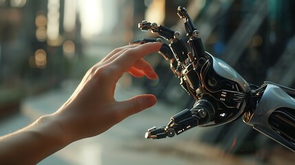 Poster - Close-up shot of a human hand reaching towards a robotic hand, symbolizing the relationship between humanity and artificial intelligence.