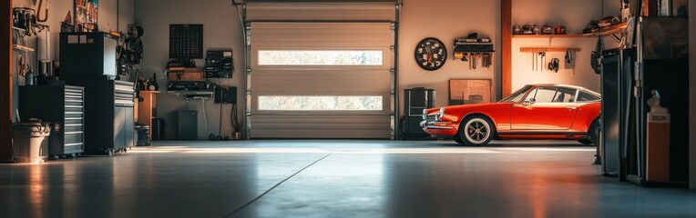 A spacious garage featuring a classic car and organized tools.