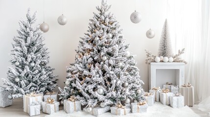 Festive winter scene with decorated Christmas trees.