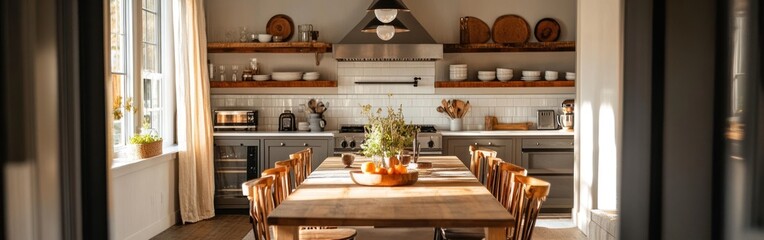 Wall Mural - A cozy kitchen with a wooden dining table, shelves, and modern appliances.