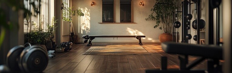 A serene home gym with natural light, plants, and workout equipment for fitness enthusiasts.