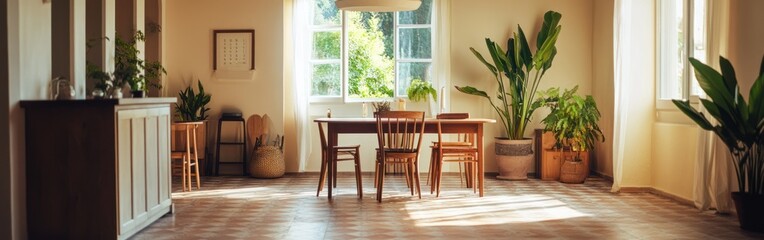 Canvas Print - A bright, minimalist dining area with plants and natural light.