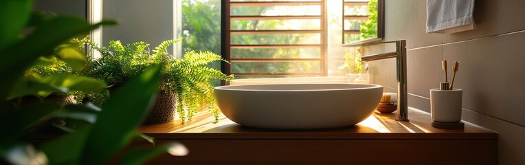 A serene bathroom scene featuring a modern sink and lush greenery.