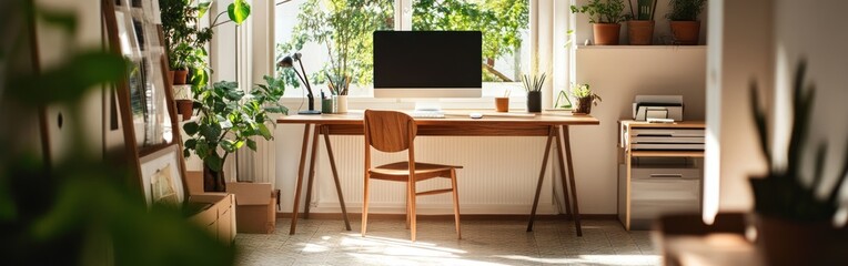 Canvas Print - A serene home office with a desk, chair, and plants, promoting productivity and comfort.