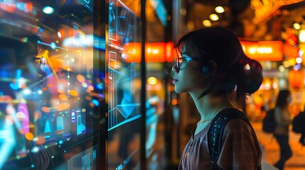 Poster - woman looks intently at an interactive digital display in a bustling city at night. The display features futuristic graphics data visualizations showcasing the intersection of technology urban life.