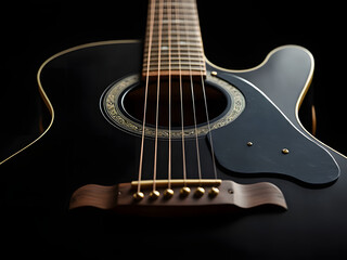 Follow the strings. Close up image of classic guitar on dark background artistic composition with logo removed and selective focus so you can put your own logo