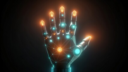 Wall Mural - Glowing Robotic Hand with a Network of Lights