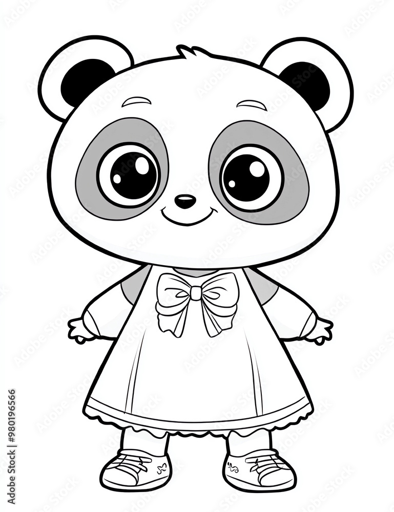Coloring page for kids, a cute cartoon panda dressed in an oversized ...