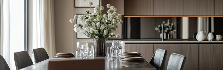 Poster - A modern dining area featuring a floral centerpiece and elegant table setting.