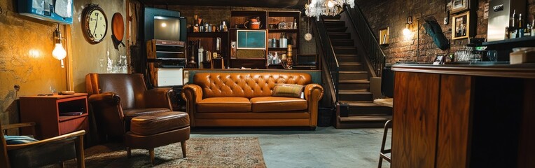 Canvas Print - A cozy, vintage-inspired lounge with a sofa, armchair, and wooden bar.