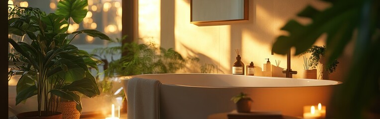 Poster - A serene bathroom scene with plants, candles, and natural light for relaxation.