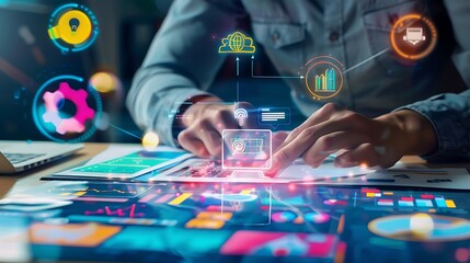 Poster - Businessman working on a digital device with graphs and charts displayed on the screen.
