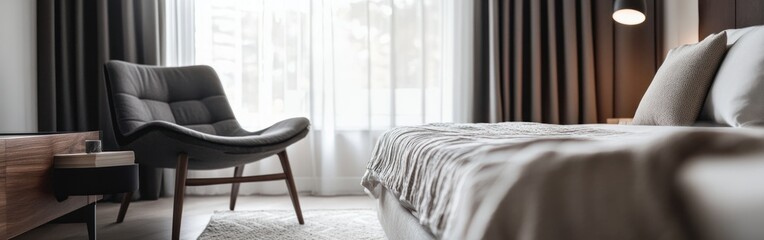 Wall Mural - A modern bedroom featuring a bed, chair, and natural light through large windows.