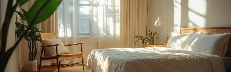 Poster - A serene bedroom with natural light, plants, and cozy furnishings for relaxation.