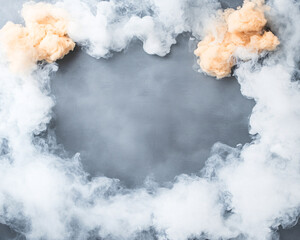 Wall Mural - a cloud of smoke is hovering over a grey background. the smoke is orange and white, and it looks lik