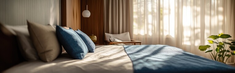 Wall Mural - A serene bedroom with soft lighting, cozy bedding, and a touch of greenery.