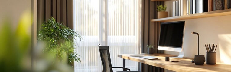 Canvas Print - A modern office space featuring a desk, computer, and plants, designed for productivity.