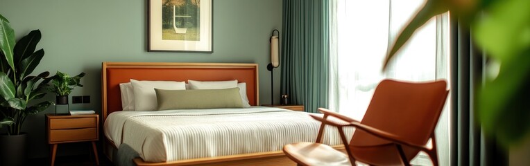 Poster - Modern bedroom featuring a bed, chair, and plants in a serene environment.