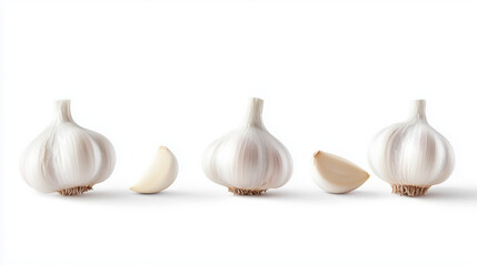 Wall Mural - Minimalist display of garlic bulbs and cloves on white background