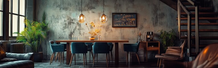 Sticker - Modern dining area with plants and stylish decor, perfect for gatherings.