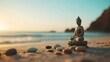 © Phirakhup - Serene Buddha statue on a sandy beach at sunset, symbolizing peace and mindfulness amidst nature's beauty.