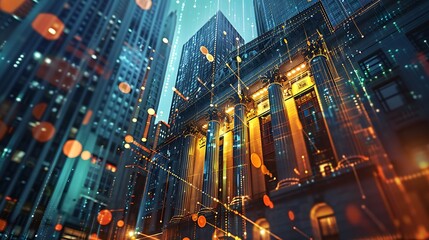 Wall Mural - Low-angle view of a cityscape at night with digital overlay, highlighting the interconnectedness of the modern urban environment.